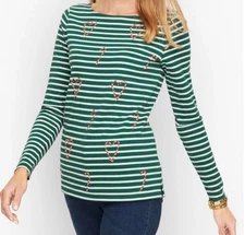 Talbots Embroidered Hearts & Candy Cane Green Stripe Top 3X 🎄🎁So Festive NWT