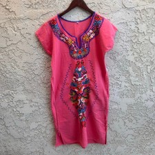 Vintage Embroidered Boho Caftan Dress Pink Ethnic Festival Tunic Size Medium