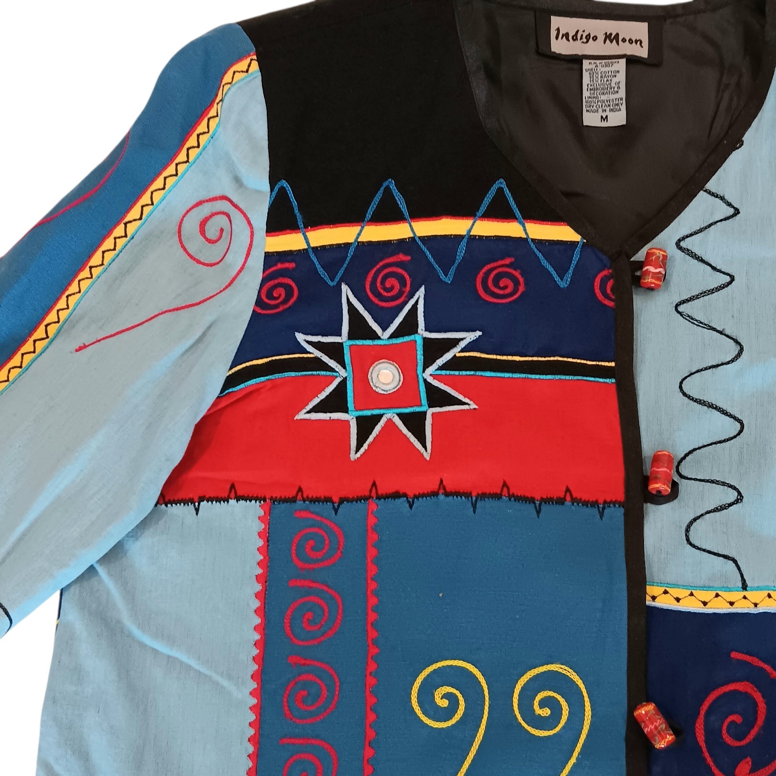 Patchwork Embroidered Jacket Blue Red Cotton Blen… - image 4
