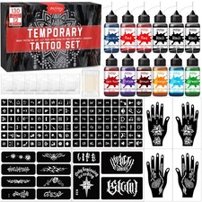 InkForge 12 Bottles Temporary Tattoo Ink Kit with 130 Tattoo Stencils Designs...