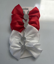 Set of 2 Girls Red  White Fabric Hair Bows w/ Silver Glitter Rhinestone, OS