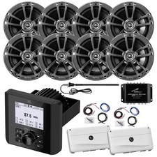 Marine Bluetooth Radio, 8x 6.5" Speaker, 2x Amp w/Kit, Splitter, Antenna Black 