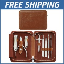 8-Piece Stainless Steel Manicure Set with Brown Leather Case