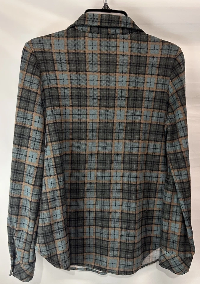 Eye Candy Women's Blue Gray Plaid Flannel Stretch Roll Tab Sleeve NEW 1X-2X - Image 2 of 4
