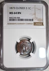 NGC MS-64 BN 1873 Closed 3 Indian Head Cent, Attractively Toned specimen!