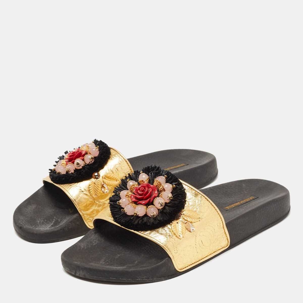 Dolce & Gabbana Gold Jacquard Embellished Slide Sandals Size