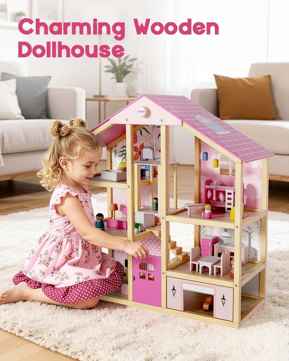 BIERUM Wooden Dollhouse for Girls, Large Pink Wooden Doll House