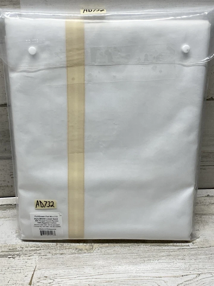 Sábana plana Matouk Lowell Queen 600 TC algodón egipcio blanco/arena nueva Foto 3 de 4