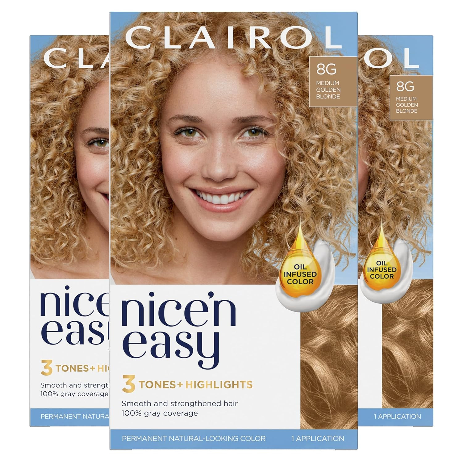 Nice'N Easy Permanent Hair Dye, 8G Medium Golden Blonde Hair Color, Pack of 3