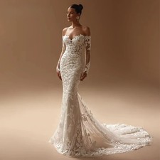 Sexy Mermaid Wedding Dresses Off Shoulder Long Sleeves Lace Applique Bridal Gown