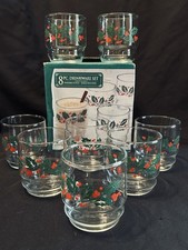 8 VTG Indiana Glass HOLLY Christmas Pattern Drink Set 10oz Rock Glasses w/Box