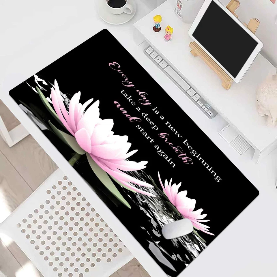 Zen Pink Water Lily Flower on Black Desk Mat for Keyboard and Mouse Desk Pad - Image 4 of 4
