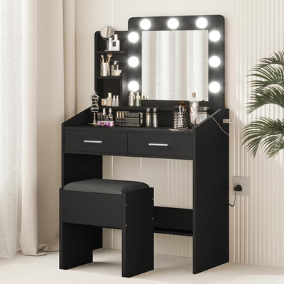 Sleek Black Vanity Desk with LED Mirror & Dimmable Lighting, 2 Drawers