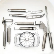 Lot of 8 Knives & Kitchen Gadgets/Tools - Peeler Zester Slicer Corer Can Opener