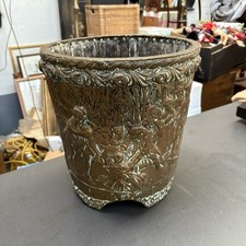 Antique Heavily Embossed Brass Waste Paper Basket Bin Planter Coal Bucket