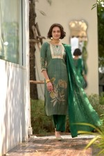 kurti set for women Green color Tissue with floral print and embroidery