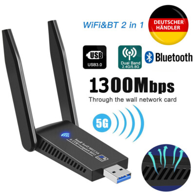 WIFI Adapter WLAN USB 3.0 Stick 1300/1200Mbps Bluetooth Dual-Band Dongle Antenne