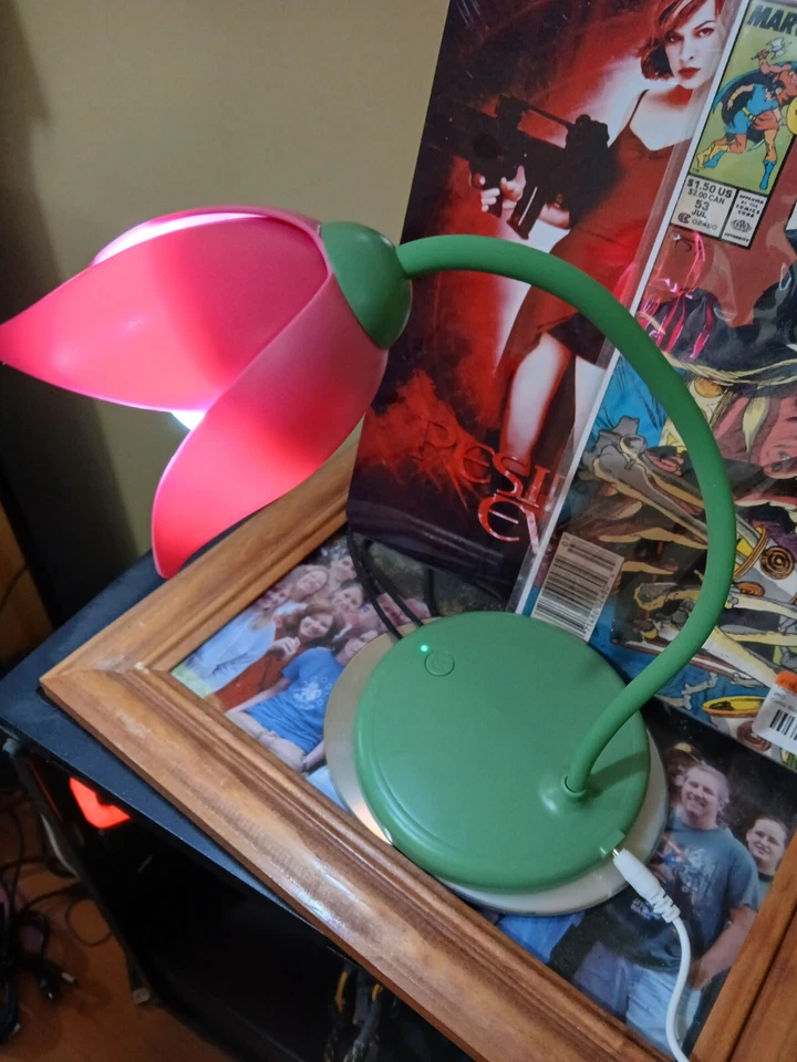 Lámpara de escritorio LED de mesa de flores verde y rosa cable alimentado USB incluido encendido/apagado empuje Foto 3 de 4