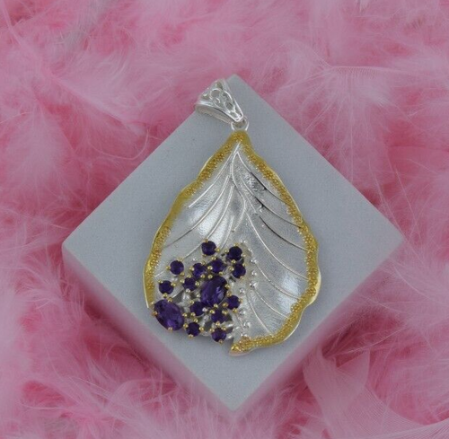 Pendentif Améthyste Violette En Argent Sterling 925 - Fait Main - Longueur 2,25 Pouces - Neuf