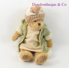 Peluche articulée ours LA GALLERIA manteau vert bonnet laine 45 cm (CEMO)