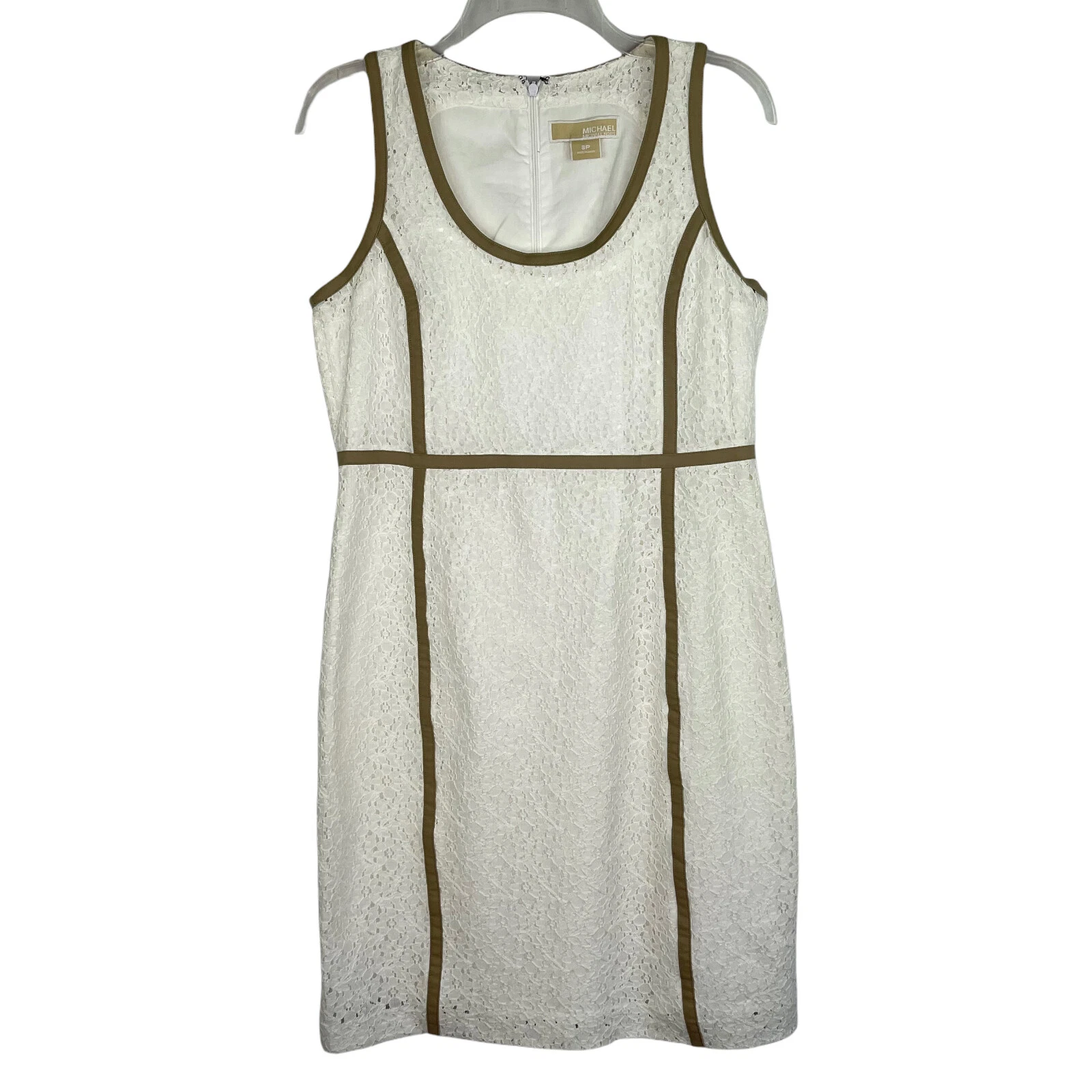 Abito donna Michael Kors bianco floreale pizzo marrone orlo tubino taglia 8P Petites