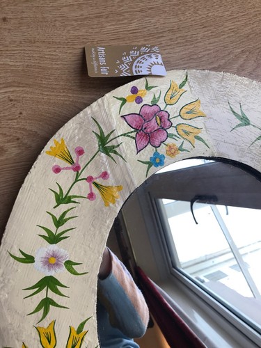 Fair Trade Tradicraft Hanging Wall Mirror Yellow Floral Artisans Fair New Oval - Picture 3 of 7