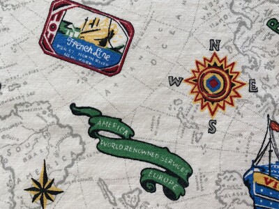 BLOOMCRAFT FABRIC~Bon Voyage~CRUISE SHIP~World Map~FRENCH LINE~New York~45x167~