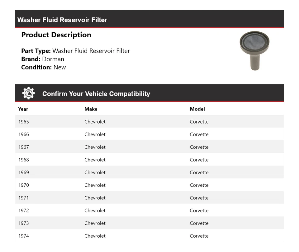 Filtro de depósito de líquido para lavadora Chevrolet Corvette Dorman 1965-1974 1966 1967 Foto 2 de 4