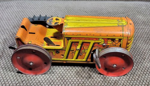 Vintage Marx Toy Wind Up Tin Bulldozer/Tractor Lithograph Yellow & Orange Works! - Picture 3 of 8