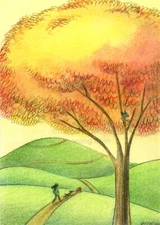 ACEO PRINT - LONG WALK - autumn, landscape, nature, dogs, hiking, pets, birds