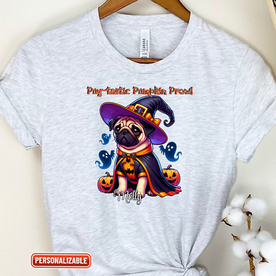 Pug-tastic Pumpkin Prowl Customizable Halloween Dog T-Shirt