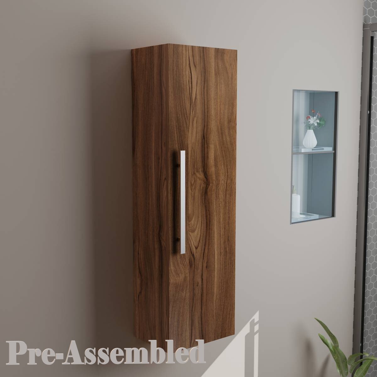 1200mm Walnut Wall Hung Tall Cabinet Bathroom Cupboard Storage Unit Furniture UK