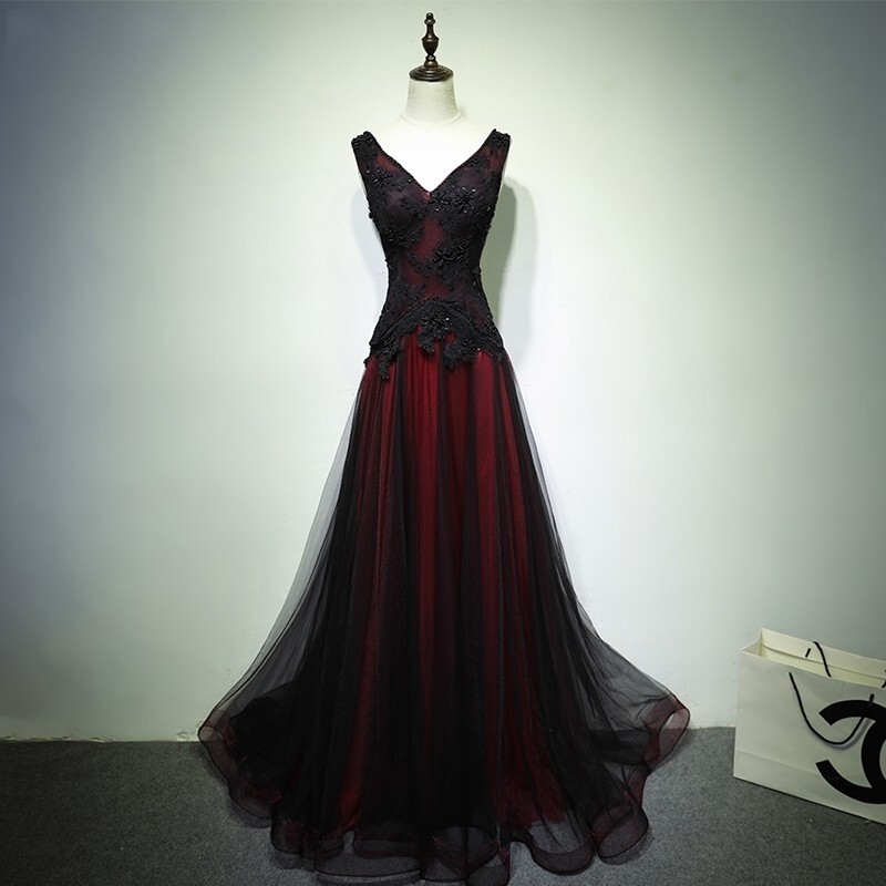 Black and Red V-Neck Lace Long Prom Dress, Beautiful A-Line Evening Party Dress US 14 / Black and Red