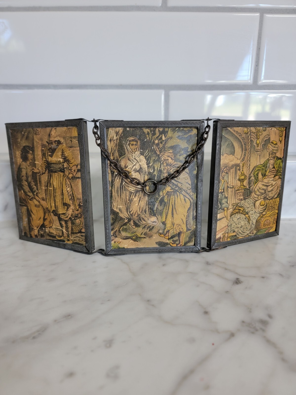 Antique Tri Fold Triptych Shaving or Travel Hanging Mirror Art Nouveau