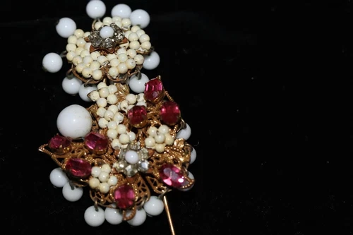 Miriam Haskell Stickpin Hatpin Brooch Gold Filigree Floral Rhinestones Beads