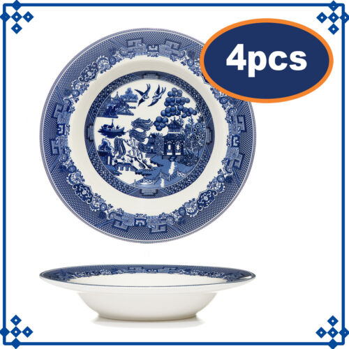 4pcs Blue Willow 22cm Soup Plate Salad Dish Fine China Oriental Antique Style - Afbeelding 1 van 2