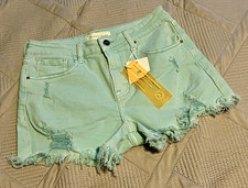 NWT Risen Jeans Women s Green Denim Cut Off Shorts M Mid Rise Button 5-Pocket