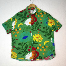 Vintage Jams World Hawaiian Shirt Mens L Rayon Green Floral Button Up USA Made