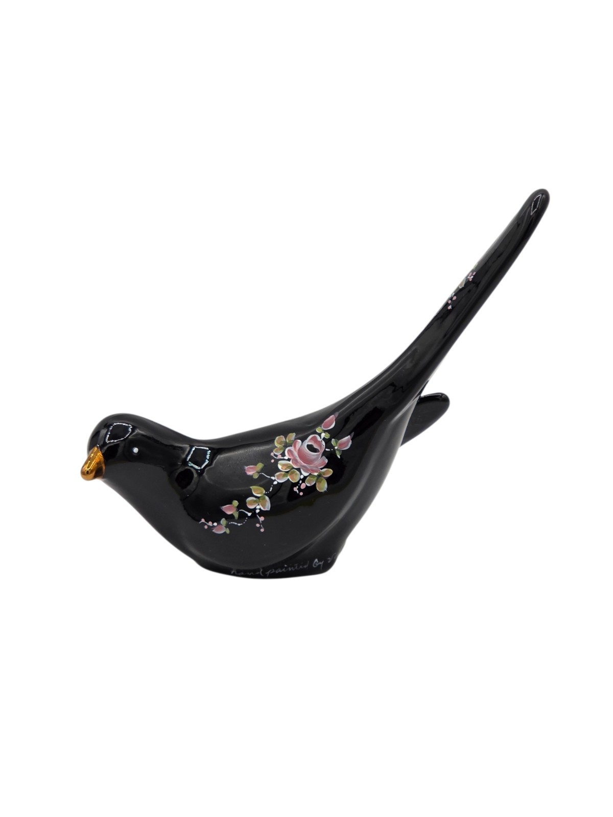 VTG  Fenton Glass Black Bird Hand Painted Floral Roses Signed V Gherke Stickers
