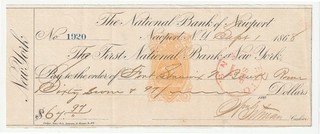 The National Bank of Newport Newport NY 1868 paid Check p/p Revenue Stamp