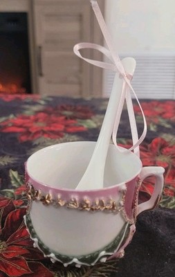 Vintage German Pink Mini Tea Cup W/Handle & Ribbon-excellent condition Collector