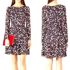 Reiss Long Sleeve Aster Print Ruffle Skirt Tiered Fit and Flare Mini Dress - 10