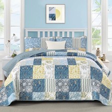 Quilt Set King Size Blue Yellow Patchwork Pattern Summer Bedspread Bedding Set
