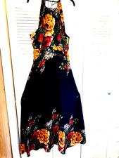 Sz l Black Floral Maxi Dress Sleeveless flowing sheer lined chest pit to pit 21"