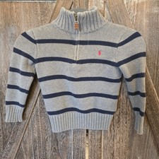 Polo by Ralph Lauren Sweater Size 4T Gray  Navy Blue Stripes Mock Neck 1/4 Zip