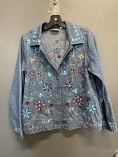 Kim Rogers Art Wear Floral Embroidered Denim Jean Jacket Size PM Petite Medium