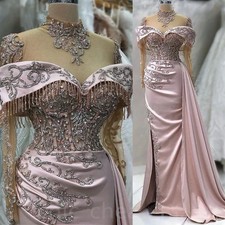 Luxury Light Pink Mermaid Prom Dresses Lace Beaded Crystals Tassel Evening Gowns