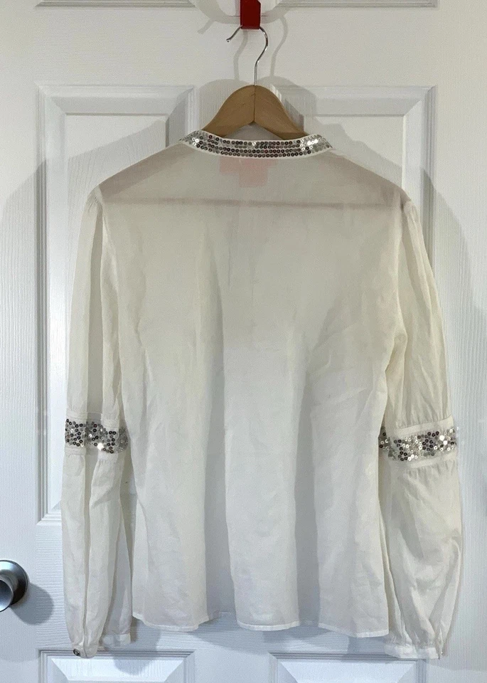 Blusa/top feminino Tory Burch marfim tamanho 12 algodão manga longa gola V lantejoulas transparentes - Imagem 4 de 4