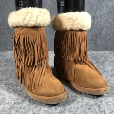 Madden Girl Wedge Boots Womens 8.5 Tan Suede Fringe Faux Fur Lined Sleet Winter