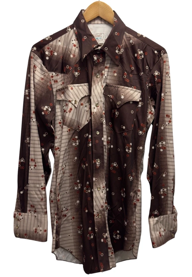 Camisa H Bar C De Colección Años 70 Para Hombres 15.5/33 Western Pearl Marrón A Presión Geométrica Cola Larga Foto 2 de 4